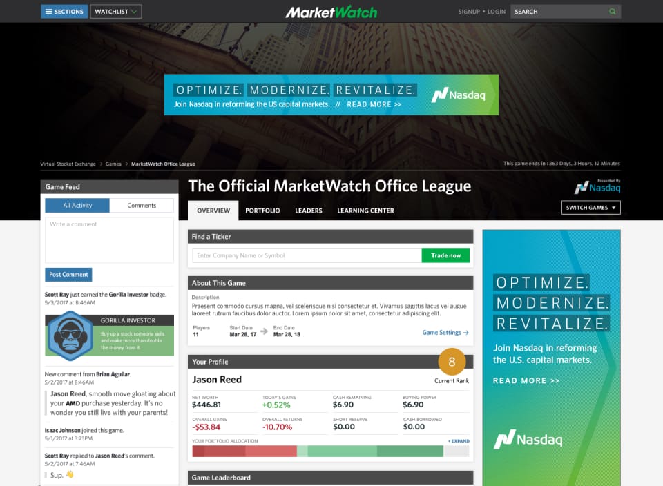A view of the virtual stock exchange game dashboard with information about the position you hold along side a feed of comments from peers you are competing against.