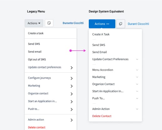 A side by side comparrison of a menu dropdown; one being the original version and the other being the new design system equivalent.