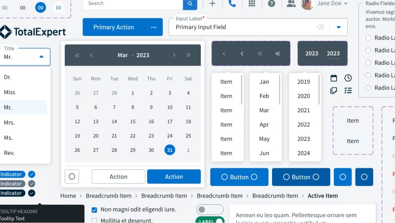 An organized collection of various design components commonly used for web development, including buttons, input fields, icons, and menus.